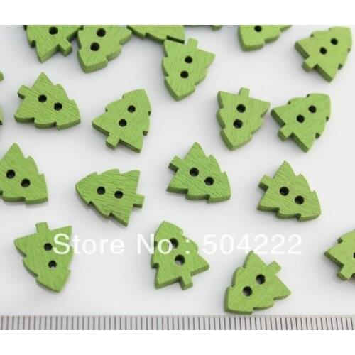 100pcs little green painted pine tree christmas tree wood Buttons - Cute tree Shape Button cabochon charm 16mm beads