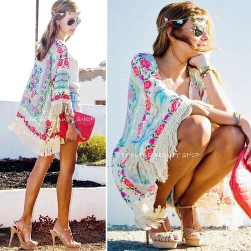 2021 New Fashion Shirts Women Boho Fringe Floral Kimono Cardigan Tassels Beach Cover-Up Cape Blouse Woman Tops