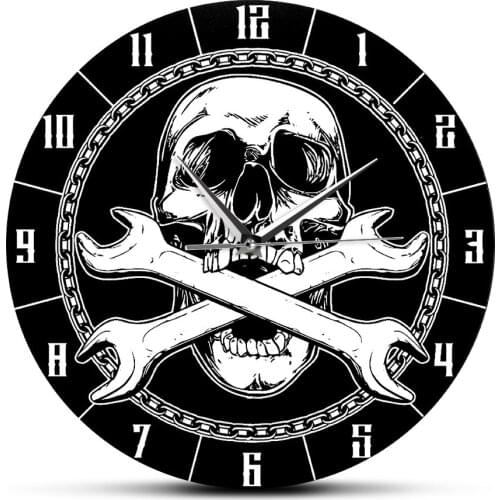 Wrenches Decorative Printed Wall Clock Death Mechanic Skull and Cross Auto Repair Tools Decor for Garage Man Cave Wall Watch