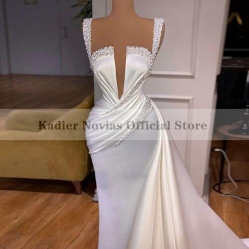 KADIER NOVIAS Long Elegant White Mermaid Robe Mariage Wedding Dresses 2021 with Sash Pearls Beaded Robe De Mariee