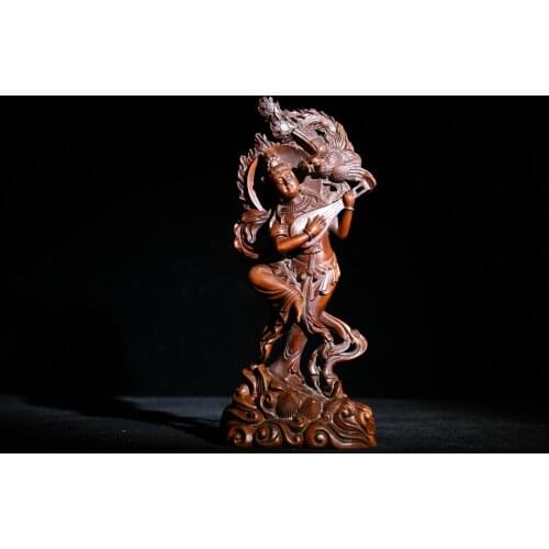 Home Decor 8" China Lucky Old Boxwood Hand-carved Miao Yin Buddhism Voice Buddha Meiyintian Phoenix statue Enshrine the Buddha