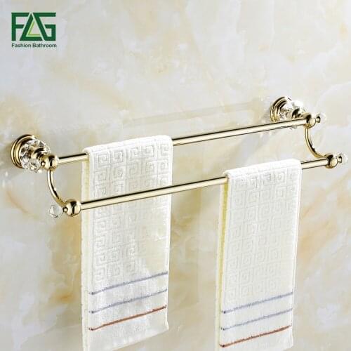 FLG Free Shipping Bathroom Accessories Wall Mounted Crystal Golden Double Towel Bar Wholesale Towel Bar Bath Towel Rack G154-02G