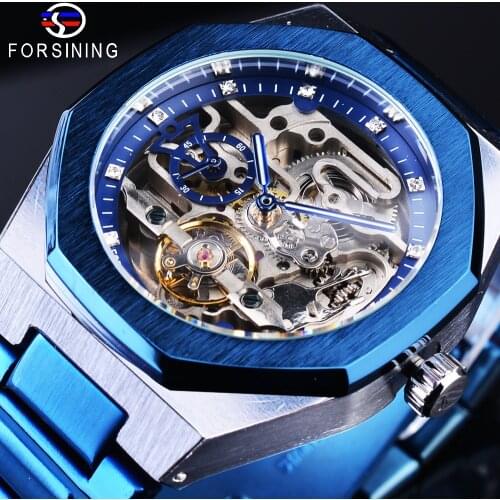 Forsining Steampunk Luxury Blue Dial Mens Automatic Mechanical Wrist Watch Top Brand Luxury Male Clock Relogio Transparent Case