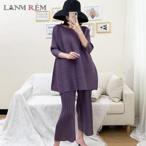 LANMREM causal two pieces set for women spring New Fashion pleated clothes Temperament Solid Color Tops + Wide-leg Pants PB306