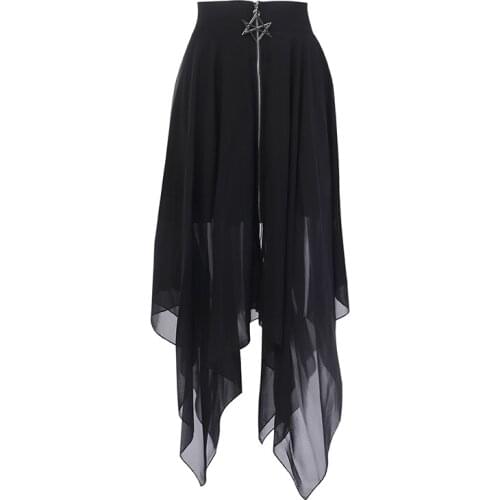 Summer Mesh Irregular Women Skirts Pentagram Zipper Black Punk Skirts Gothic Darkness Lady Skirt Casual Loose Streetwear Skirts
