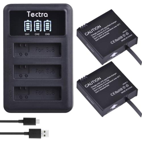 Tectra 2PCS 1200mAh 3.8V Li-ion Camera Battery + LED 3-Slots USB Charger for SJCAM SJ8 Series SJ8 Air SJ8 Plus SJ8 Pro