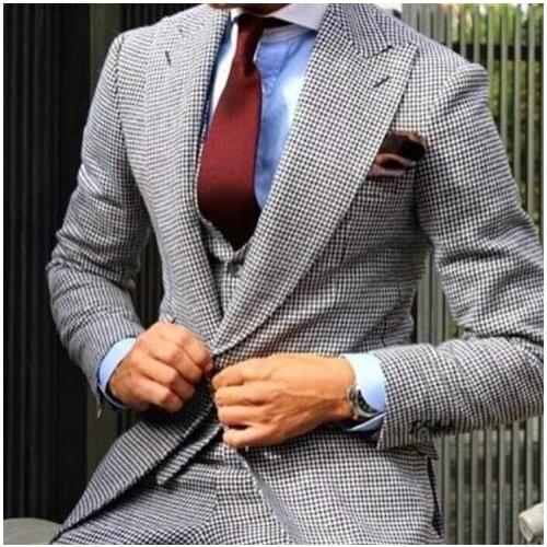 New Arrival Plaid Wedding Mens Suit Latest Coat Pant Design Prom Suits 3Pieces(Jacket+Pant+Vest+Tie) Groom Tuxedos Men Suit