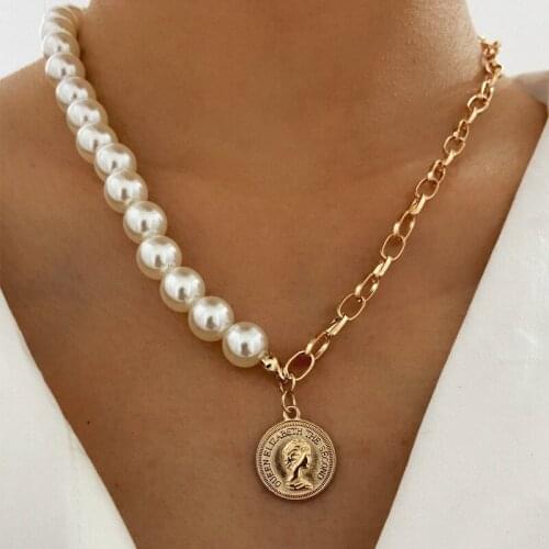 Simple Retro Round Metal Pearl Chokers Necklaces for Women Fashion Gold Color Thick Chain Pendant Necklace Collares Jewelry