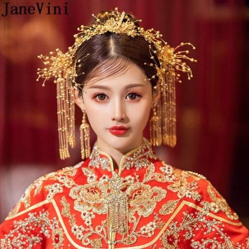 JaneVini Luxury Gold Womens Headband Hair Stick Pin Jade Long Tassel Ancient Wedding Tiara Bride Beauty Pageant Hair Accessories