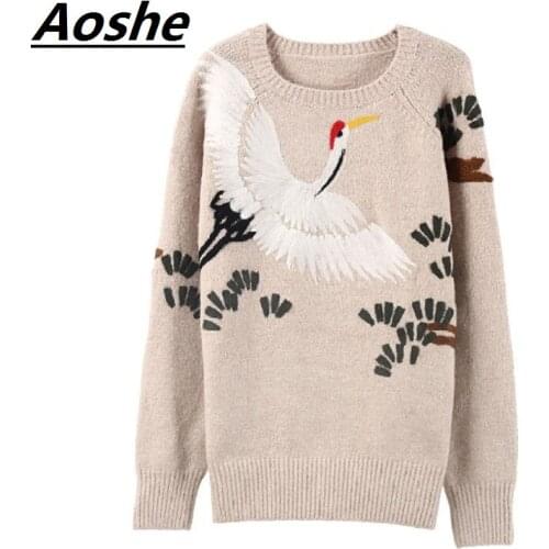 Aoshe Luxury Wool Pullover Sweater Women Pull 2018 Winter Designer Cranes Trees Embroidery Loose Casual Oversize Knit Top Jumper