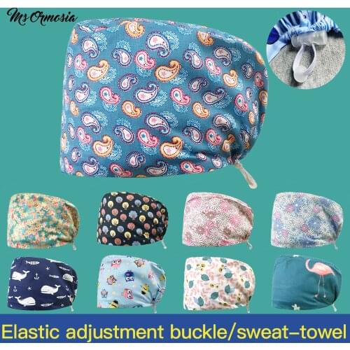Cartoon Print Cap Pet Beauty Work Hats with Sweat-absorbent Adjustable Elastic Buckle 100%cotton Health Service Scrubs Women Hat