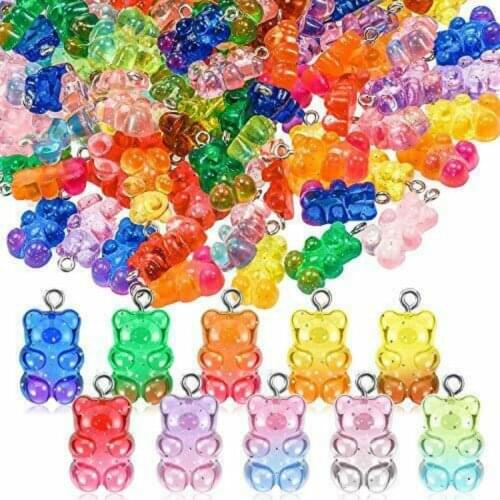 10 pcs Bear Charm Resin Round Glitter Gummy Candy Bear Necklace Earrings Keychain Pendant DIY Making Accessories Wholesale