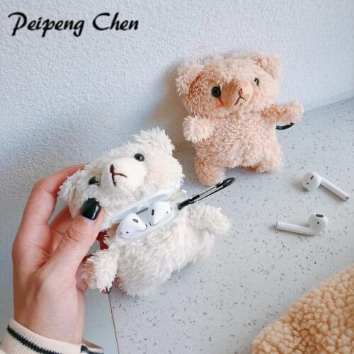 Silicone Earphone Cases For AirPods 1 2 Bluetooth Headset Charging Box Cover Cartoon Plush Teddy Bear Headphone Case With Hook