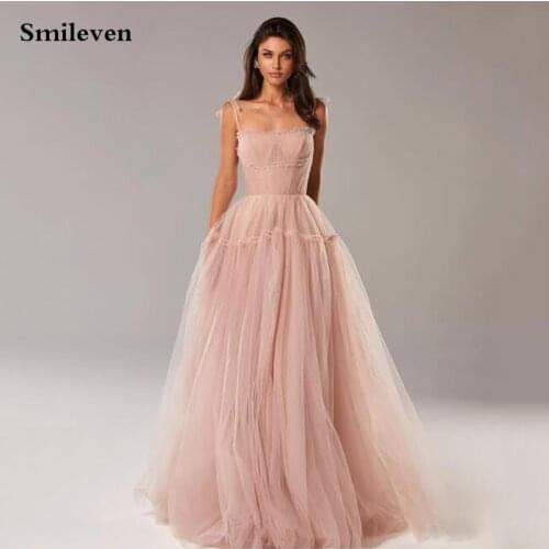 Smileven Blush Pink Spaghetti Strap Longo Prom Dresses Floor Length A-Line Party Dresses Puffy Tulle Elegant Formal Gown