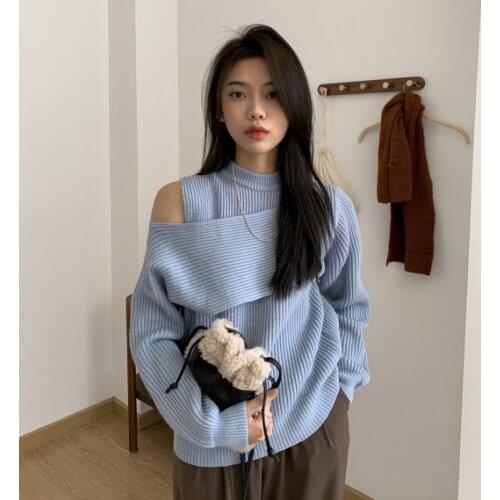 Spring Retro Irregular Knitted Top Fashionable Off Shoulder Design Long Sleeve Pullover