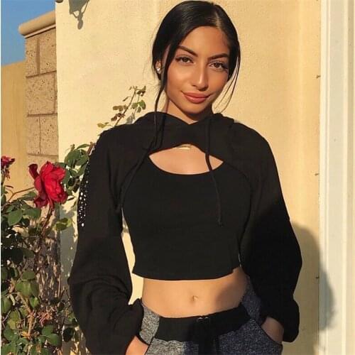 Y2K Hollow Out Women Sweatshirt Fashion Office Lady Sexy Black Mesh Patchwork Long Sleeve Hoodie Womens Tops 2021 Hot Sales