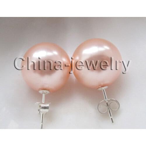 Womens Hair full wigs Beautiful 14mm perfect round pink sea shell pearl earring - 925 ^^@^Noble style Natural Fine jewe