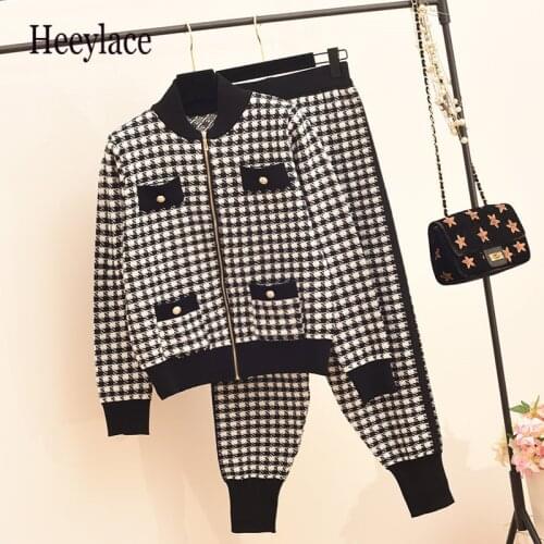 Women Autumn Winter Knitted Tracksuit Vintage Plaid Zipper Knitted Cardigans+Lante Pants 2 Piece Set Female Knitting Pants suit