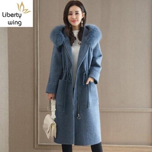 Top Quality Woolen Coat Female Autumn Winter Fur Collar Hooded Long Jacket Casual Zipper Warm Outerwear Blue/Gray Abrigo Mujer