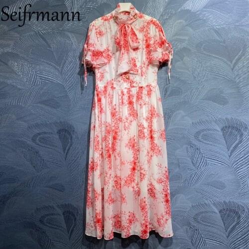 Seifrmann New 2021 Summer Women Fashion Runway Party Long Dress Short Sleeve Gorgeous Ruffles High Waist Floral Print Dresses
