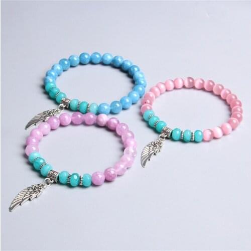 Women ladies blue faceted beads pink cat eye glass beads beaded bracelet jewelry gifts for female lucky wings charm bracelets