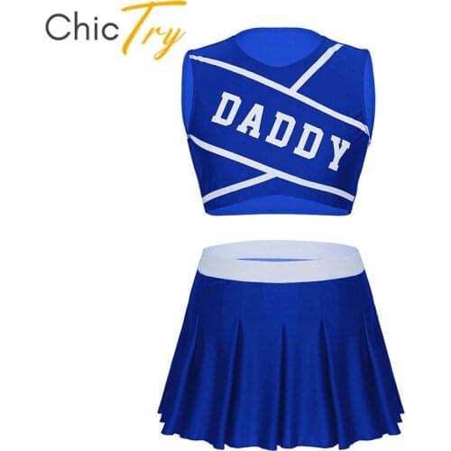 ChicTry Adult Letters Printed Crop Tops Mini Pleated Skirt Set Cheerleader Uniform School Girls Cosplay Dance Women Sexy Costume
