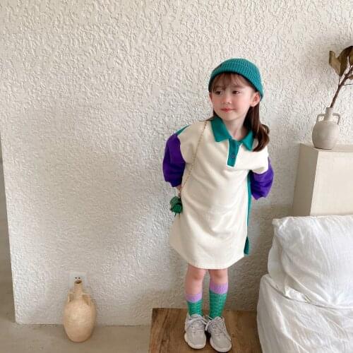 8552 Children Clothes Colorful Polo Dress 2021 Autumn New Korean Medium Length Sweatershirt Dress Or Boys Pullover Outfit