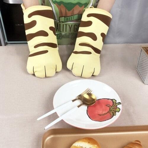3D Cartoon Animal Cat Paws Oven Long Mitts Microwave Heat Resistant Non-slip Gloves Cotton Baking Insulation Gloves