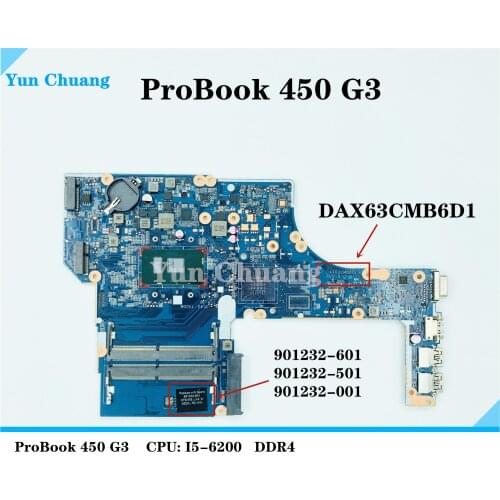 For HP ProBook 450 G3 Laptop Motherboard 901232-001 901232-601 855672-601 I5-6200U DDDR4 DA0X63CMB6D1DAX63CMB6C0 Motherboard
