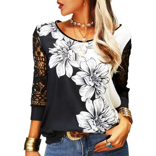 Lace Eight-Quarter Sleeve Ladies Tops Floral Print Women Autumn Round Neck Shirts Female Office Lady Spring T-Shirt Tees D30