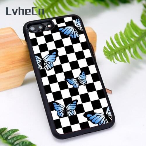 LvheCn Silicone Rubber Phone Case Cover for iPhone 6 6S 7 8 Plus X XS XR 11 12 Mini Pro Max checkered board print butterflies