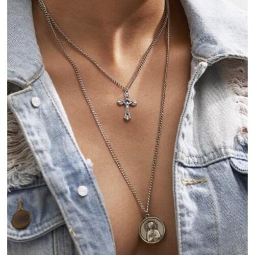 2018 new retro double layer cross chain necklace alloy saint pattern pendant multi-layer necklace women jewelry
