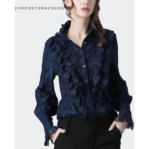 Fashion Ladies Lace Shirt Ruffles Embroidery Floral Top Long Sleeve Solid Color 2020 Spring New Women Casual Tops And Blouses