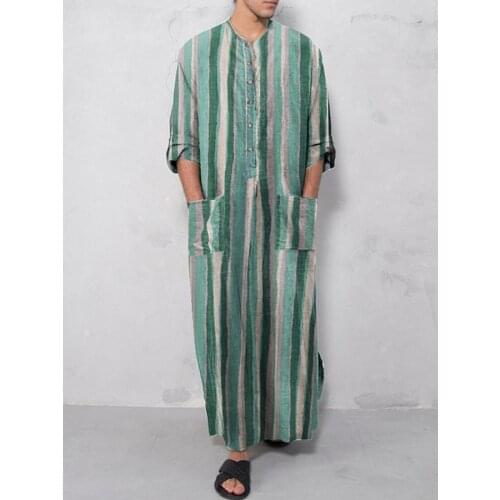 2021 Summer Islamic Arab Kaftan Men Muslim Long Sleeve Cotton Patchwork Suits Middle East Dubai Abaya Vintage Mens Robes