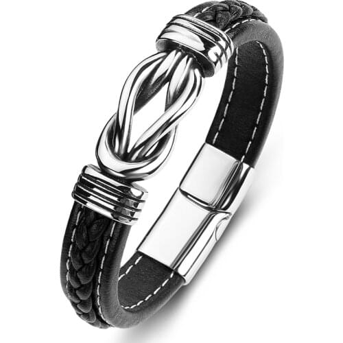New Trendy Men Leather Bracelet Stainless Steel Magnetic Buckle Hand Bangles Charm Male Wristband Punk Jewelry Party Gifts P074