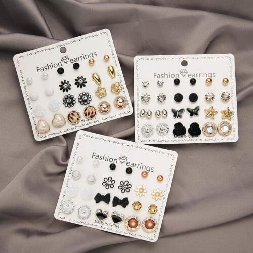 12 Pairs Heart Flower Rhinestone Imitation Pearl Stud Earrings Set For Women Red White Black Colorful Geometric Earring Jewelry