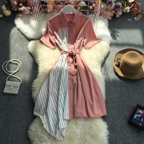 Fitaylor Summer Office Lady Polo Neck Short Sleeve Asymmetry Shirts Dresses Women Casual Bandage High Waist A-line Long Dress