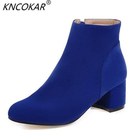 KNCOKAR 2018 Short boots of autumn winter fashion side zipper thick with solid color Round high heel ankle boot female boots