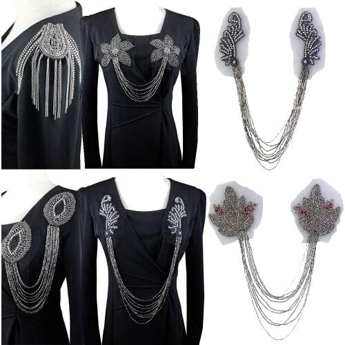 Handmade Beaded Crystal Fashion Tassel Beading Chain Shoulder Board Badge Patch Floral Epaulette Sewing Accessories P2218