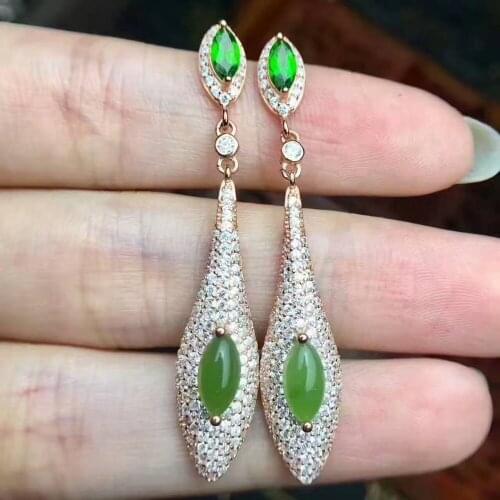 Natural green jasper gem drop earrings 925 silver natural green diopside earrings Slender water droplet women party gift jewelry