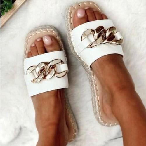 SUNNYS Women Slipper Square Toe Fashion Chain Decoration Slippers Cane Straw Weaving Platform Heels Casual Beach Shoe Ladies