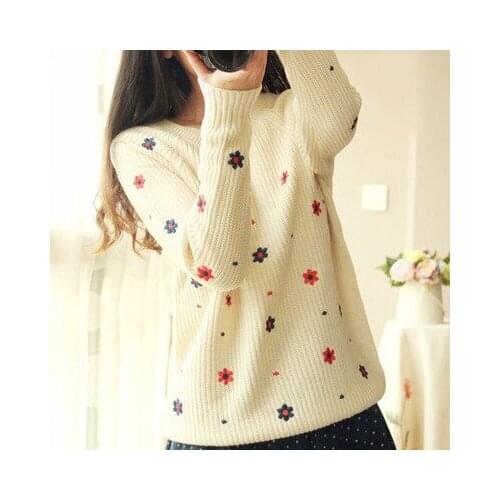 Sweater Pullover 2021 Casual Loose Flower Print Fahion Style Embroidery Flower Base Winter Clothes Vestidos LXJ851