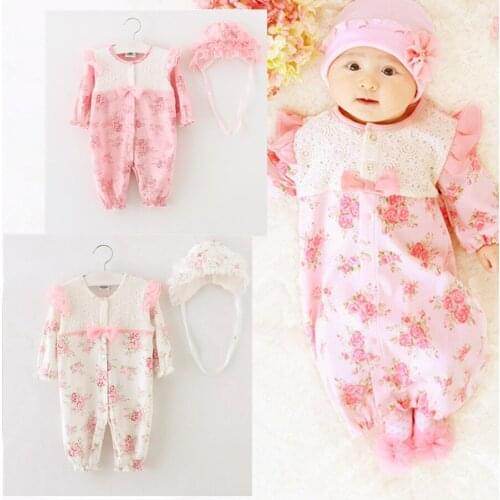 Spring Newborn Baby Girl Clothes Floral Princess Cute Bodysuit Jumpsuit Lace Hat Clothing Sets Infant Christening Party Outfits