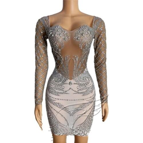 Bright Silver Rhinestones Transparent Sexy Dress Birthday Celebrate Mesh Stage Costume Wear Performance Evening Dress DN8940