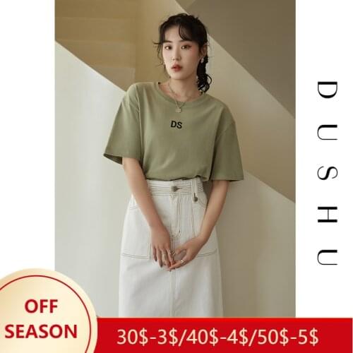 DUSHU Women 2021 Summer New Green Blue Pure Cotton Loose Wild Short-sleeved T-shirt Simple Round Neck Top