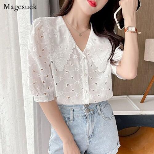 2021 Summer Hollow Out Sweet Tops Solid Doll Collar Womens Chiffon Blouse Short Sleeve Casual Floral Button Shirt Blusas 14194