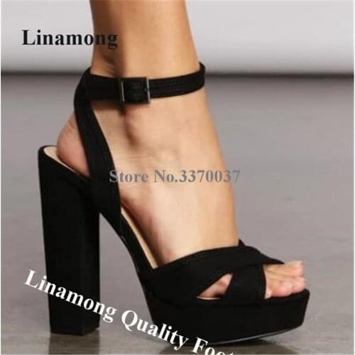 Linamong Elegant Open Toe Black Suede Leather Chunky Heel Sandals High Platform Ankle Straps Buckle Thick Heel Sandals Big Size