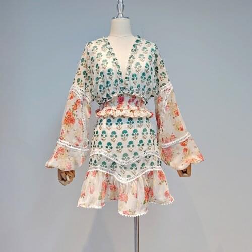 High Waist Mini Skirt Print Two Piece Set For Women V Neck Lantern Long Sleeve Top Female Style Vintage Casual Sets