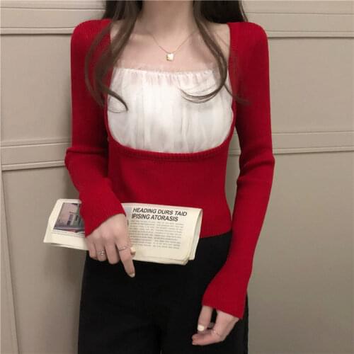 Woman Sweaters Pullover Mesh Stitching 2020 Spring and Autumn Long-Sleeved Sweater Square Collar Top Femme Chandails