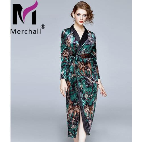 Runway Bodycon Leopard Printed Velvet Dress Female Notched Double-Breasted Office Lady Elegant Split Sashes Long Dresses M78601